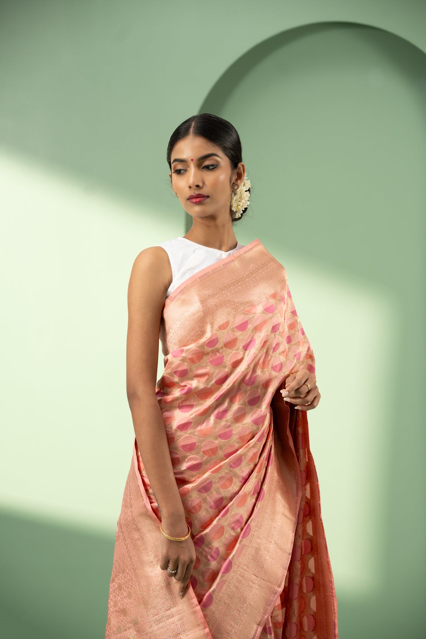 Pastel pink geometric pure Banaras silk saree