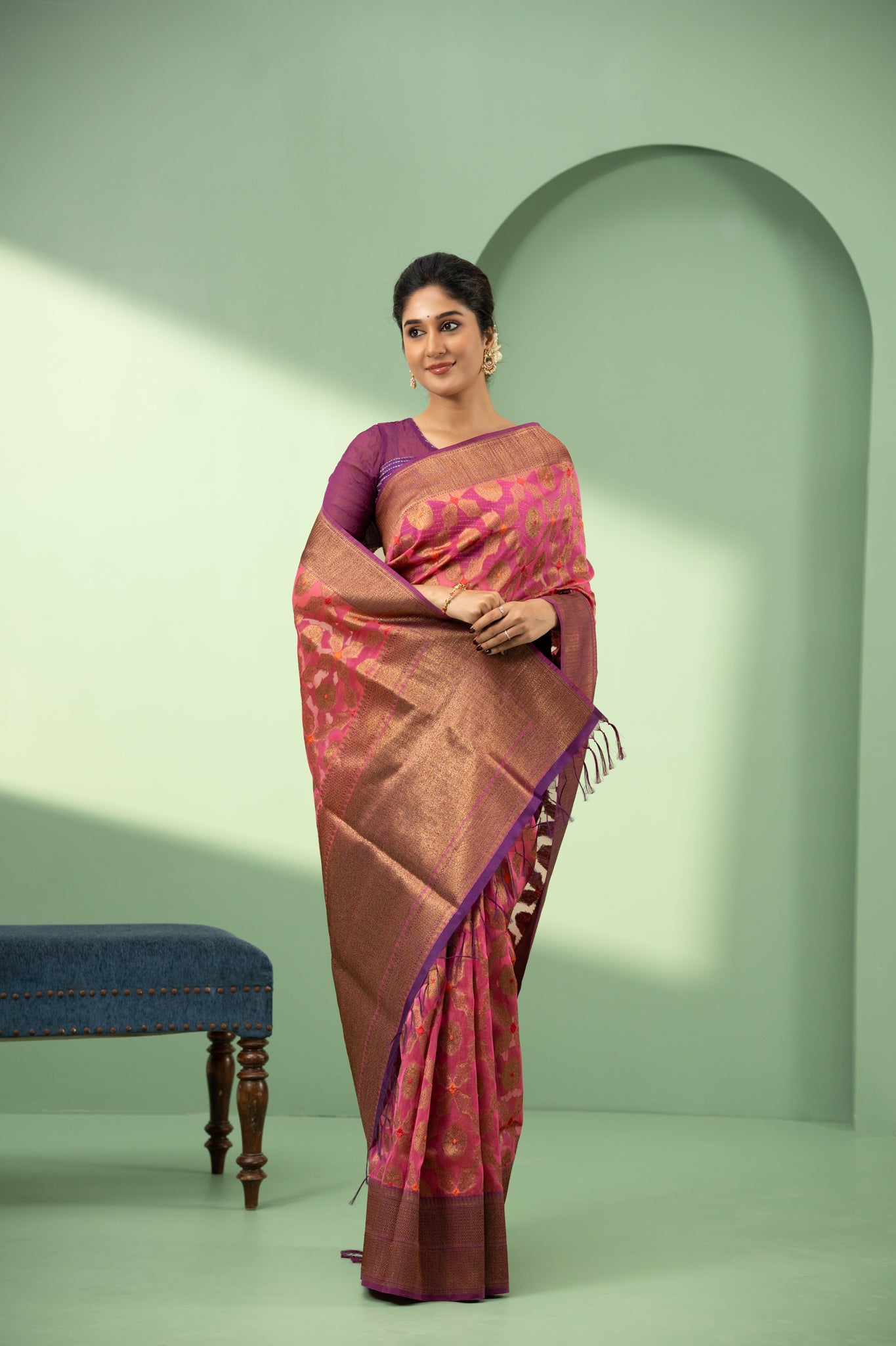 Magenta pink and purple pure Banaras Kora saree