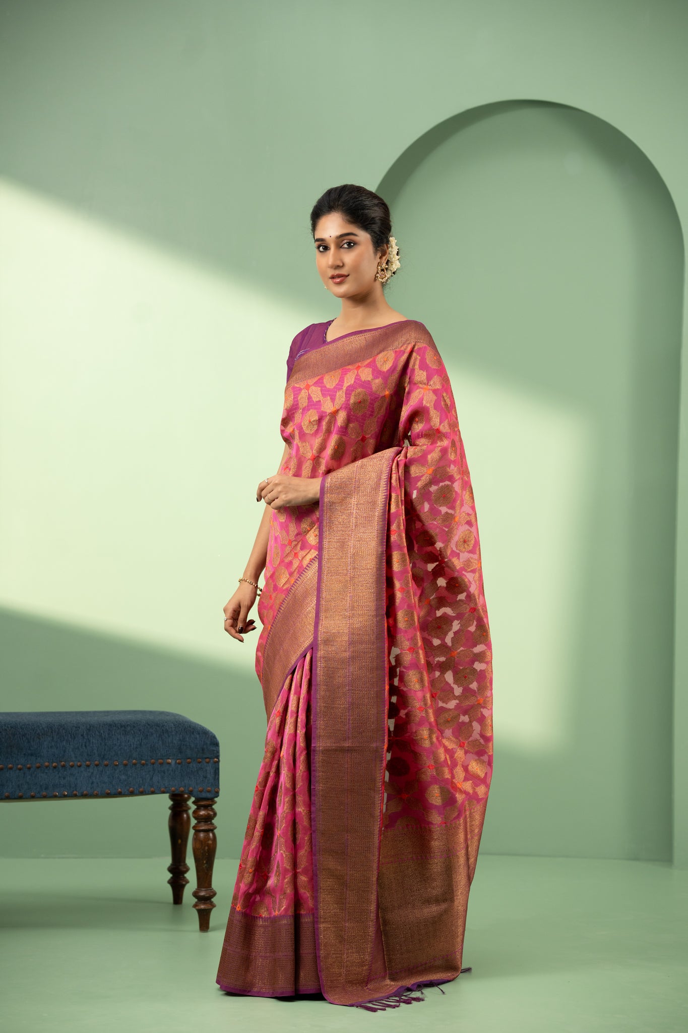 Magenta pink and purple pure Banaras Kora saree