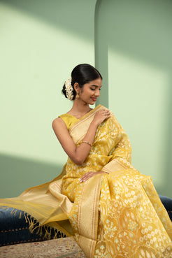 Lime yellow Jamdani pure Banaras Kora saree