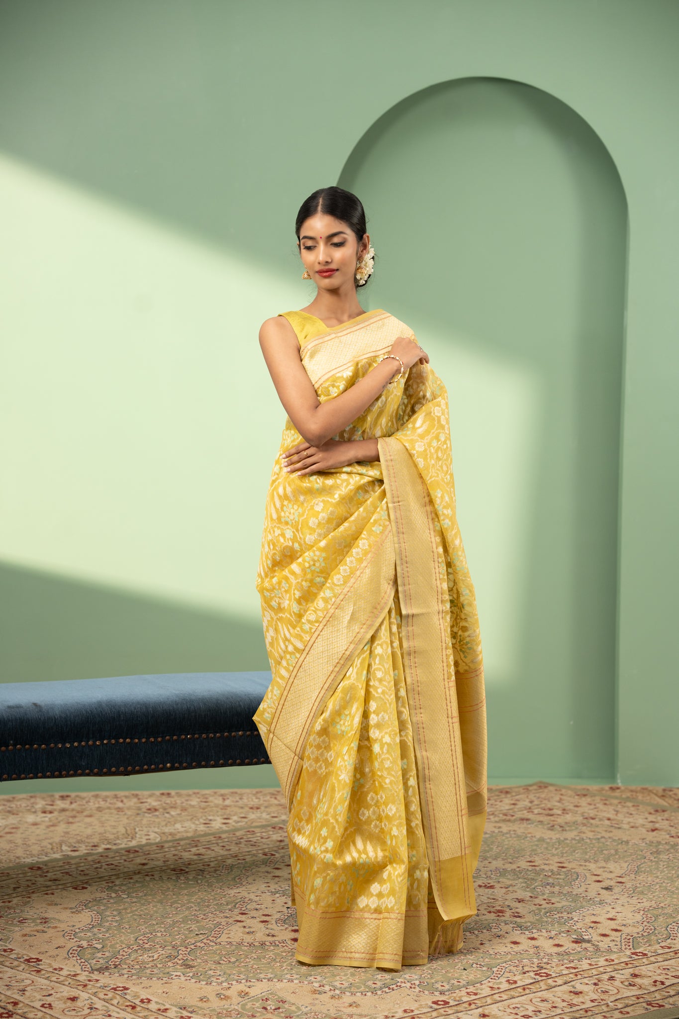 Lime yellow Jamdani pure Banaras Kora saree