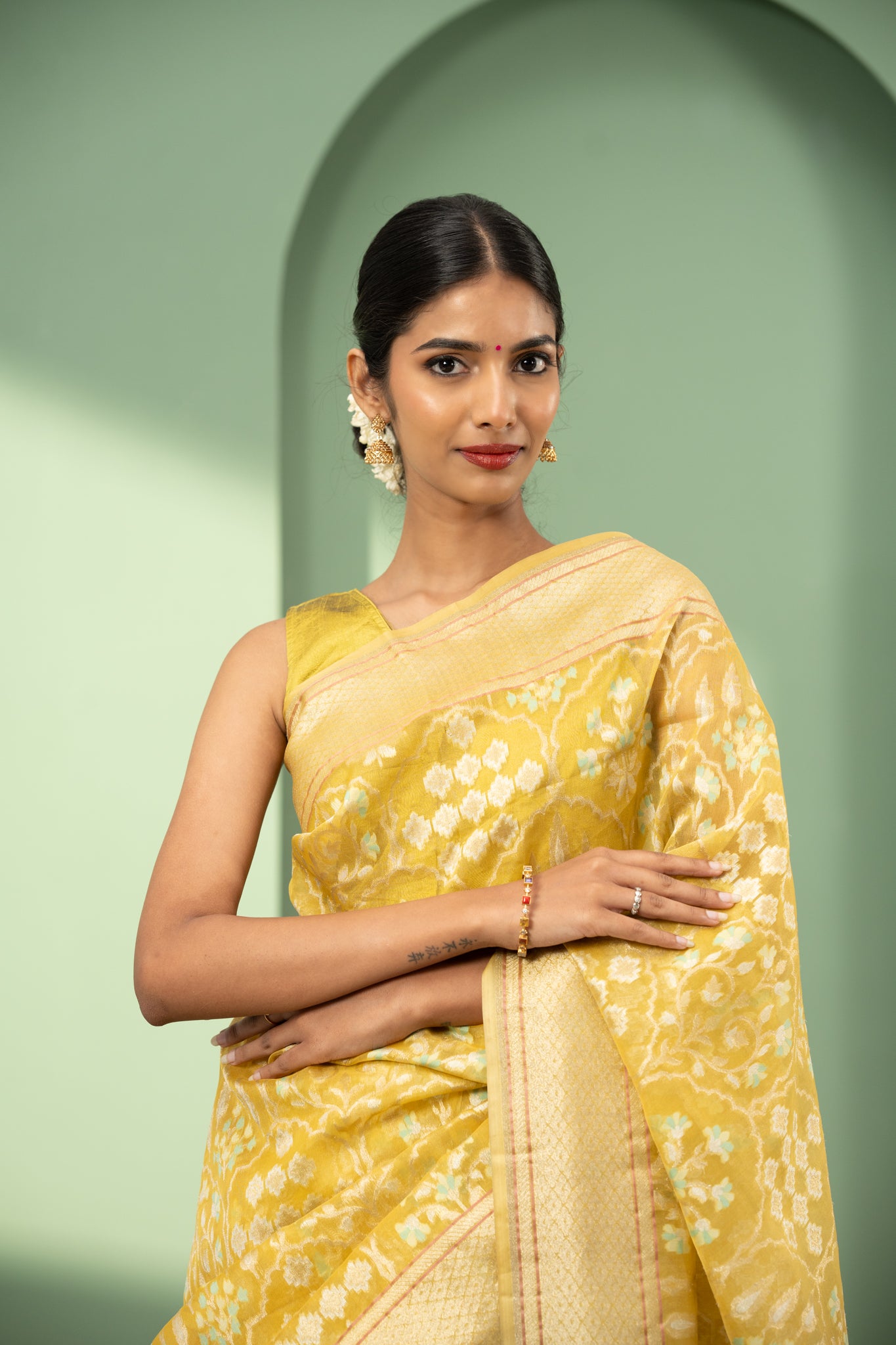 Lime yellow Jamdani pure Banaras Kora saree