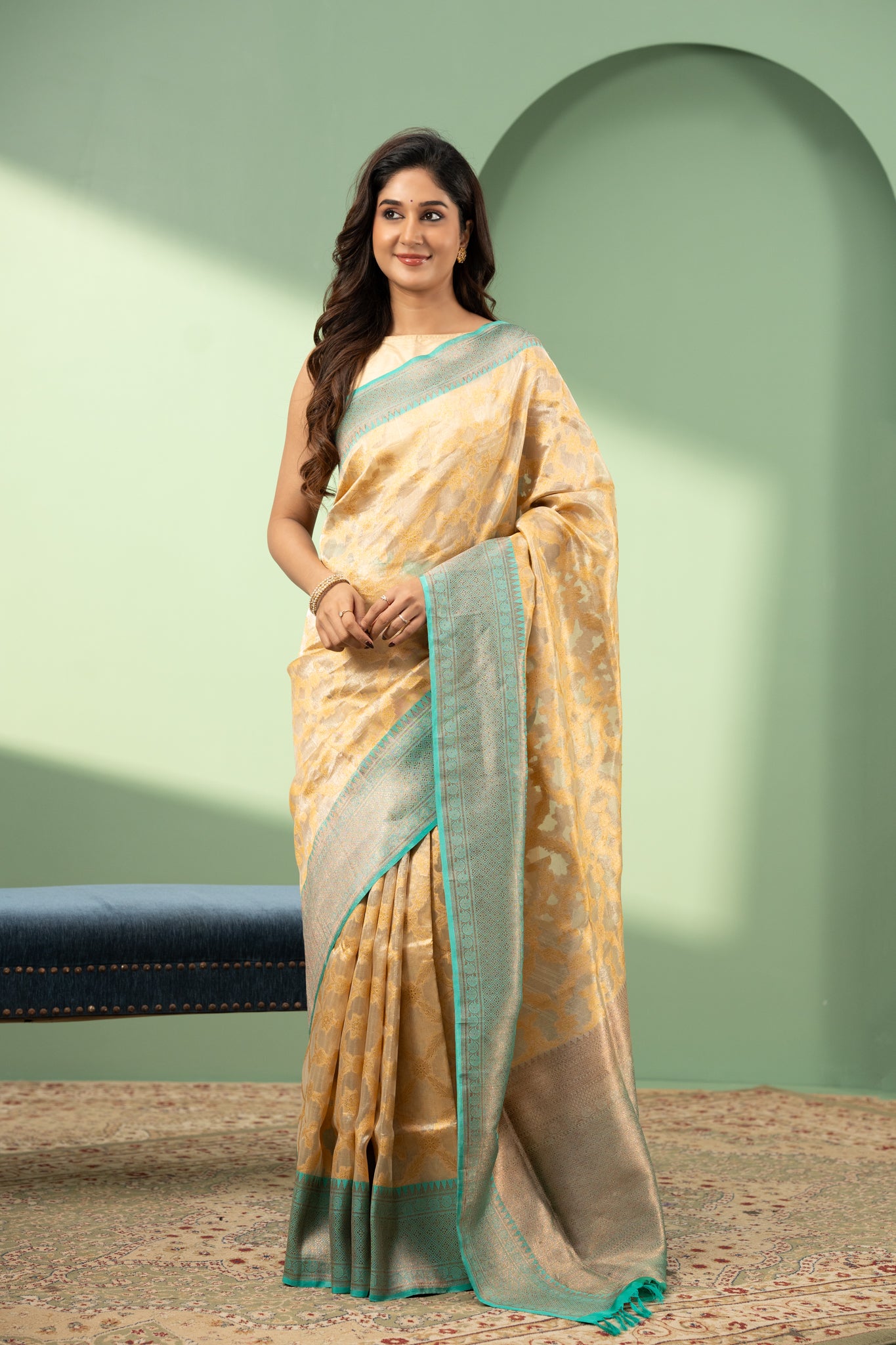 Cream and blue pure kora Banaras saree