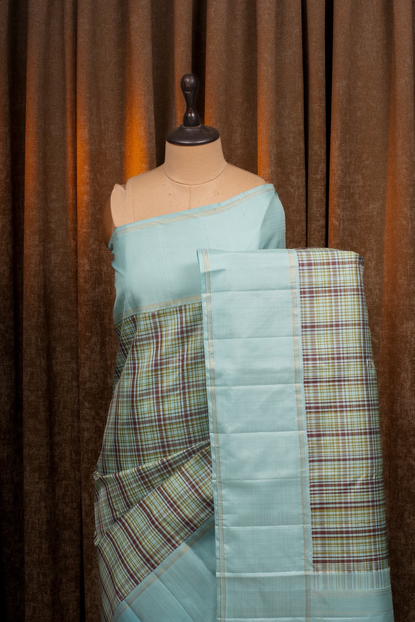 Sky blue brown multi checks pure kanchipuram silk saree