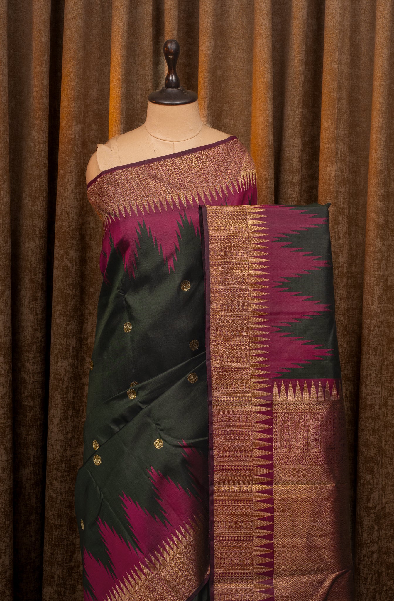 Bottle green temple border  pure kanchipuram silk saree