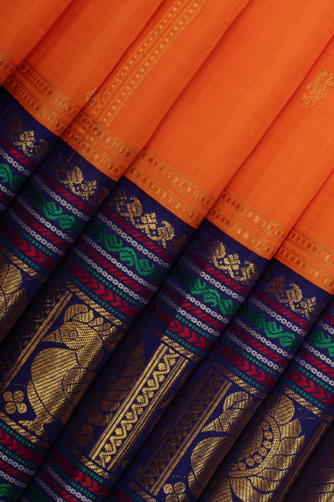 Orange and Blue Vintage Checks Pure Kanchipuram Silk Saree