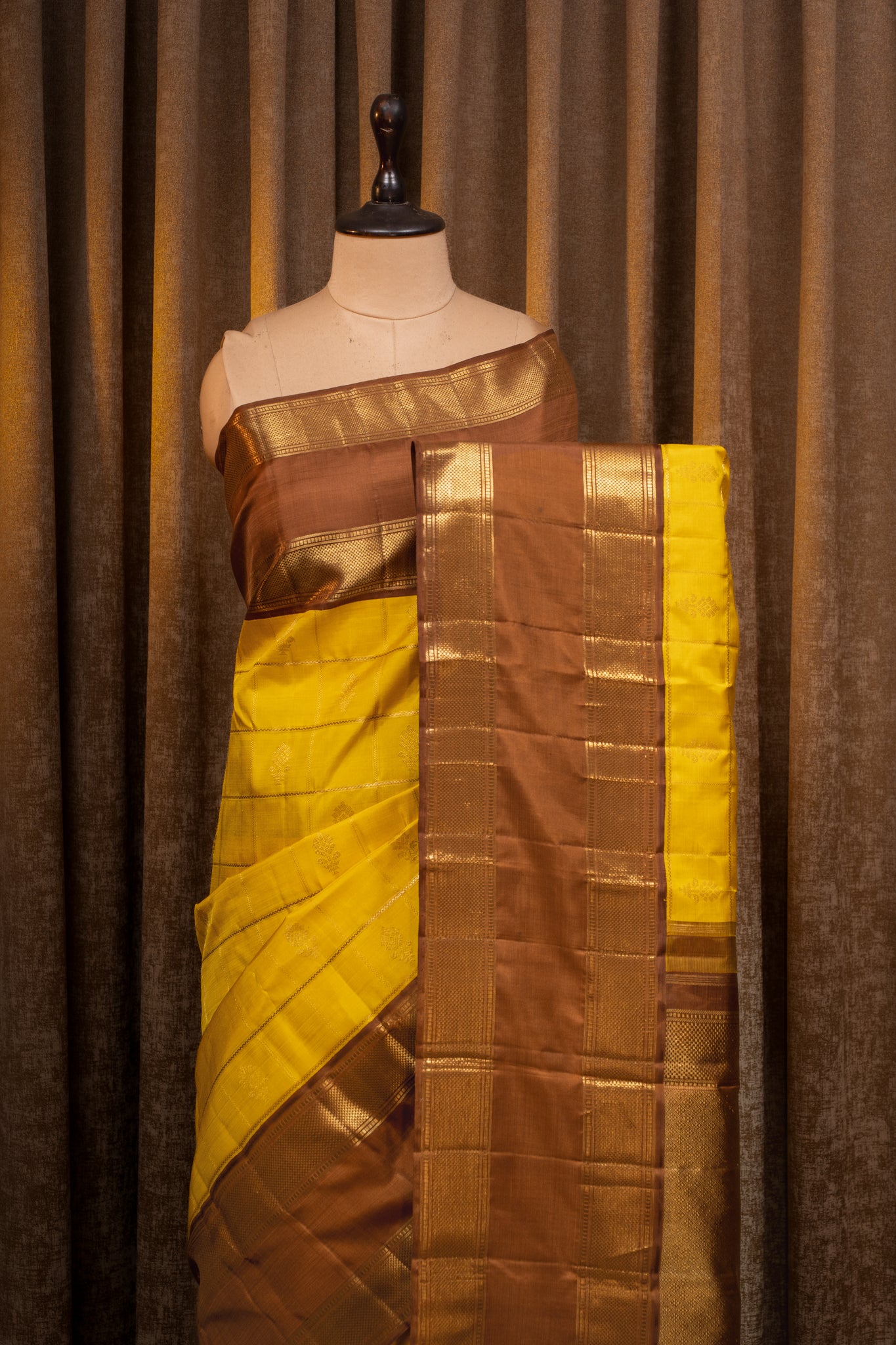 Yellow and brown Jamdani checks  pure kanchipuram silk saree
