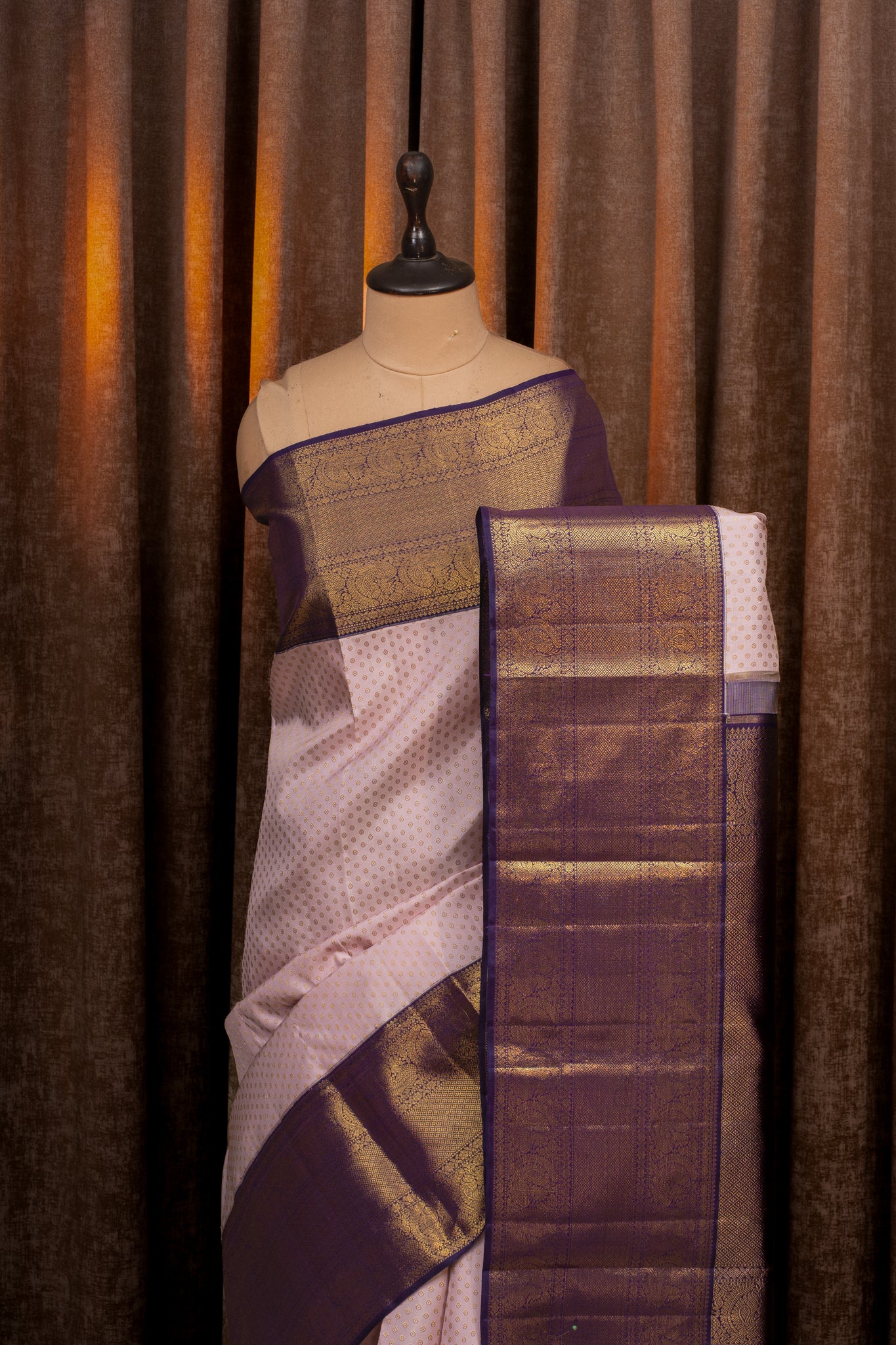 Cherry Pink and purple buttis pure Kanchipuram silk saree