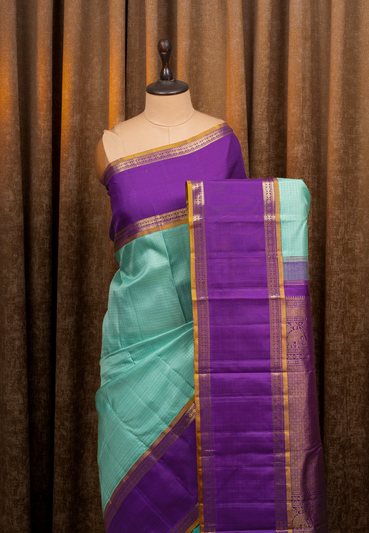 Teal Blue stripes pure kanchipuram silk saree