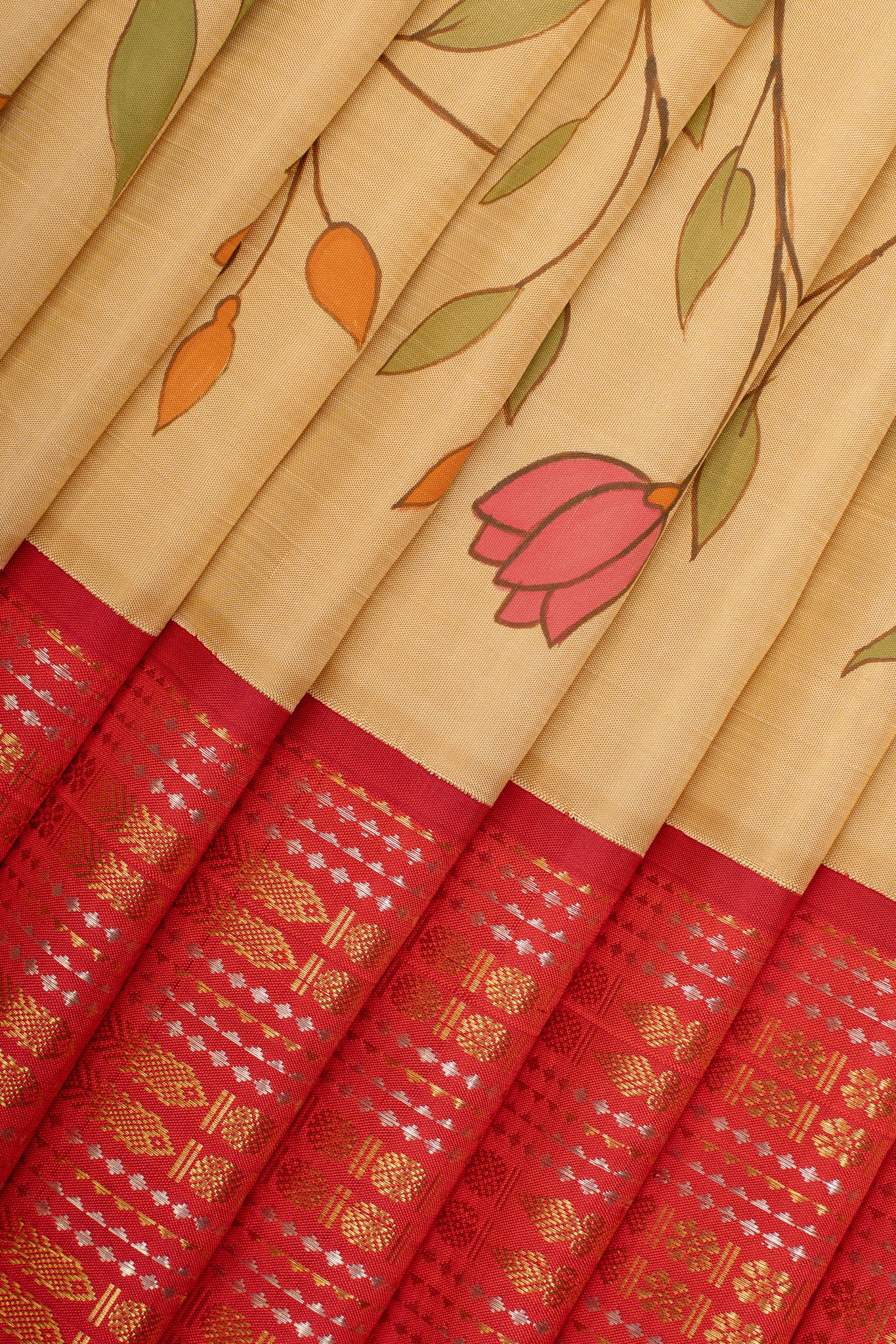 Cream Handpainted Ganga Jamuna Pure Kanchipuram Silk Saree