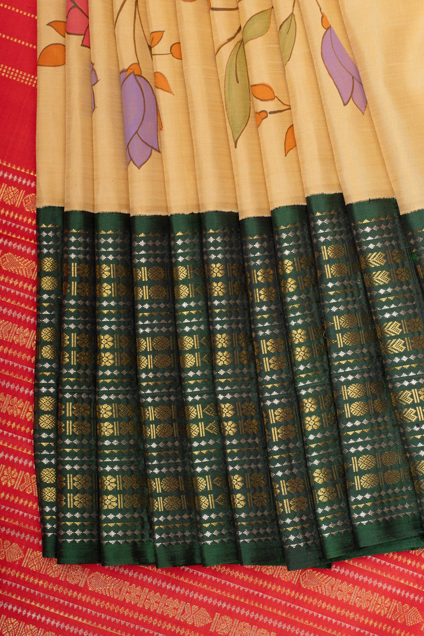 Cream Handpainted Ganga Jamuna Pure Kanchipuram Silk Saree