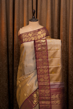 Sandal Beige and Maroon Traditional Pure Kanchipuram Silk Saree