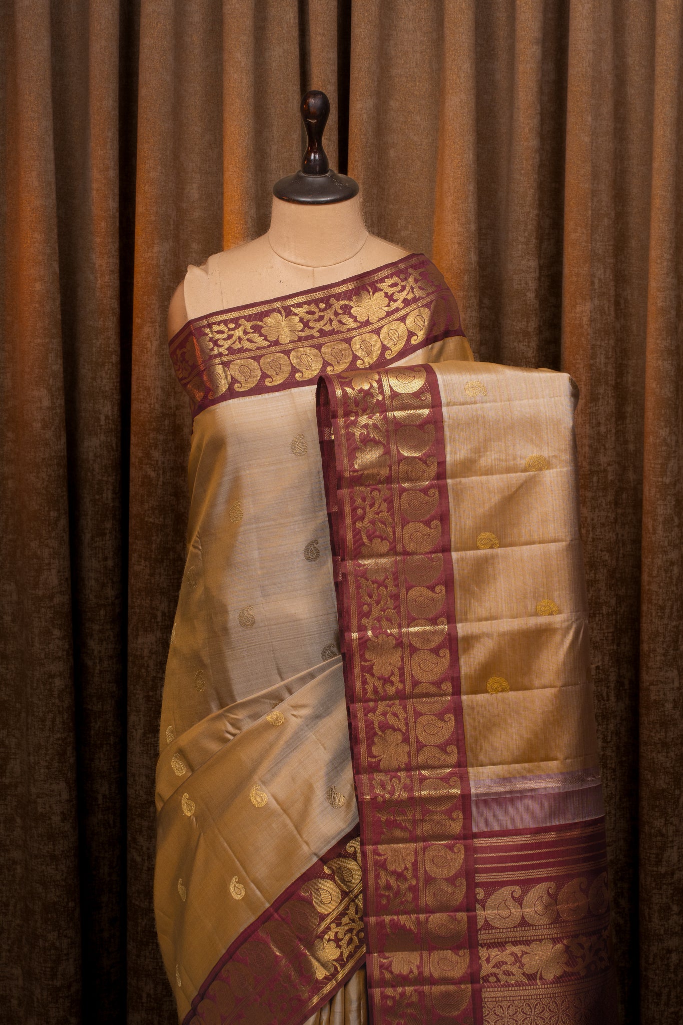 Sandal Beige and Maroon Traditional Pure Kanchipuram Silk Saree
