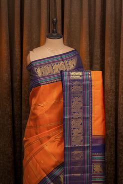 Orange and Blue Vintage Checks Pure Kanchipuram Silk Saree