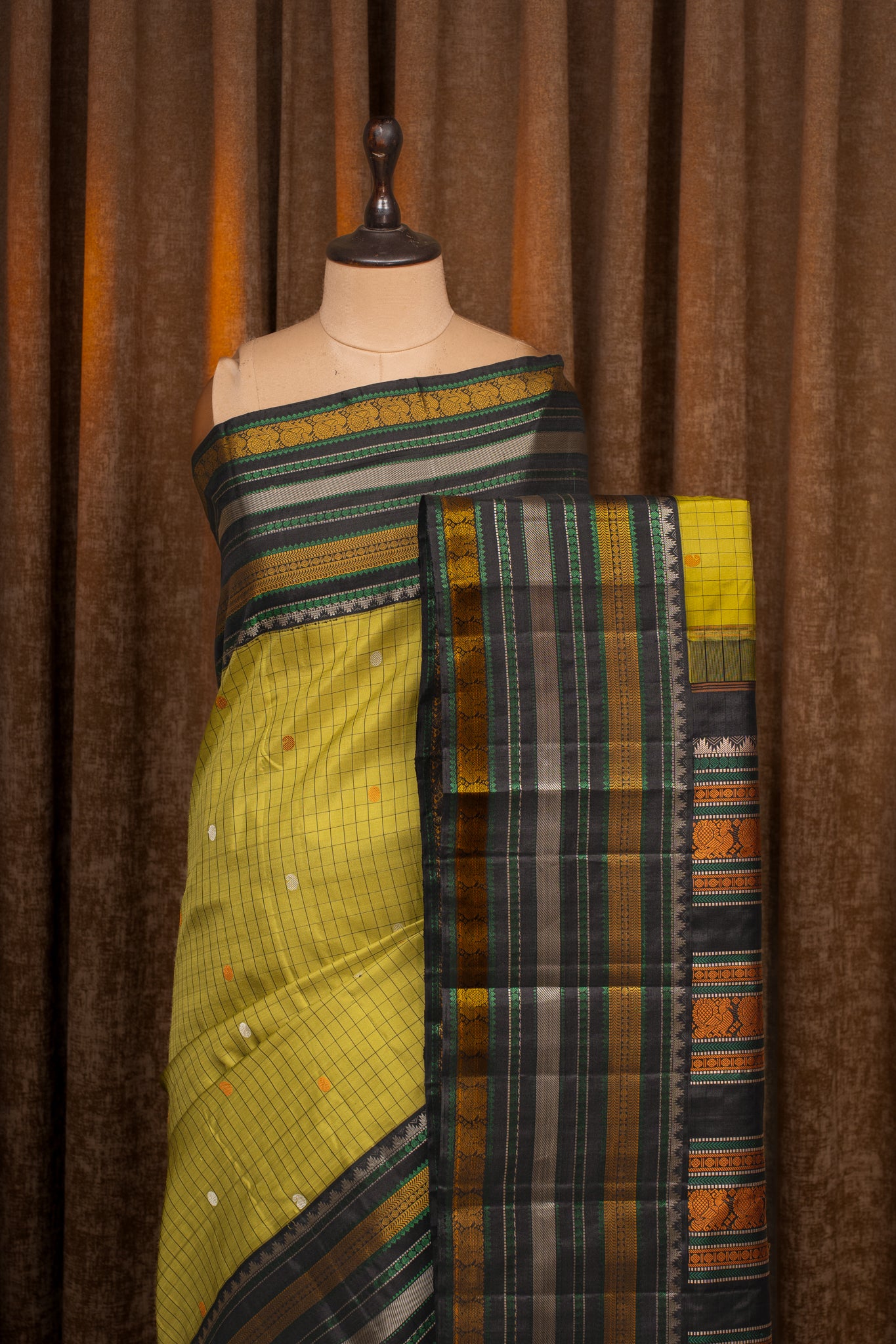 Lime green threadwork pure kanchipuram silk saree