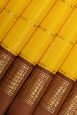 Yellow and brown Jamdani checks  pure kanchipuram silk saree