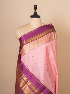 Peach pink and magenta pure Kanchipuram silk saree