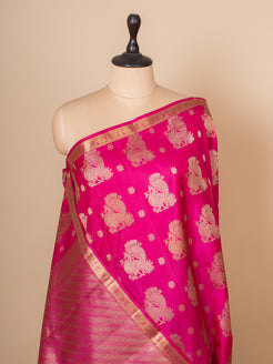 Peach pink peacock motifs pure Kanchipuram silk saree