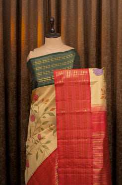 Cream Handpainted Ganga Jamuna Pure Kanchipuram Silk Saree