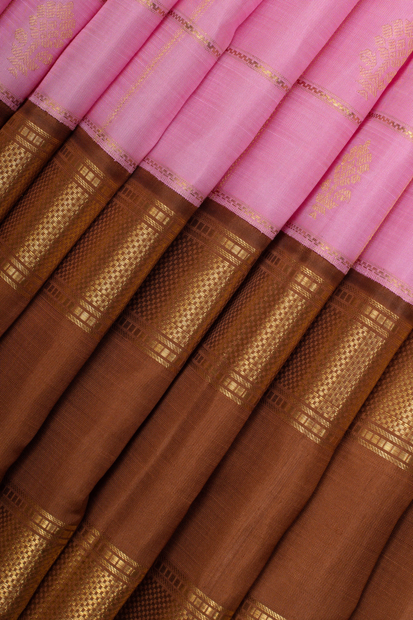 Vintage pink and khaki Jamdani checks pure kanchipuram silk saree