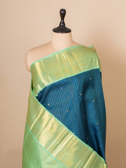 Peacock blue Zari checks pure Kanchipuram silk saree