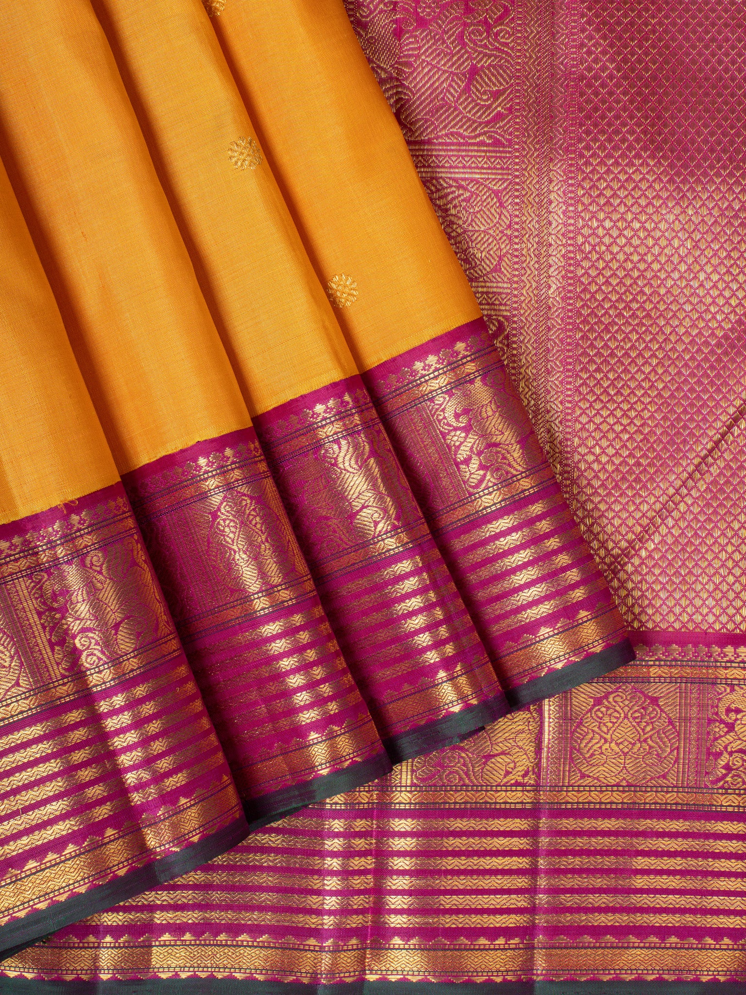Yellow and magenta pure Kanchipuram silk saree