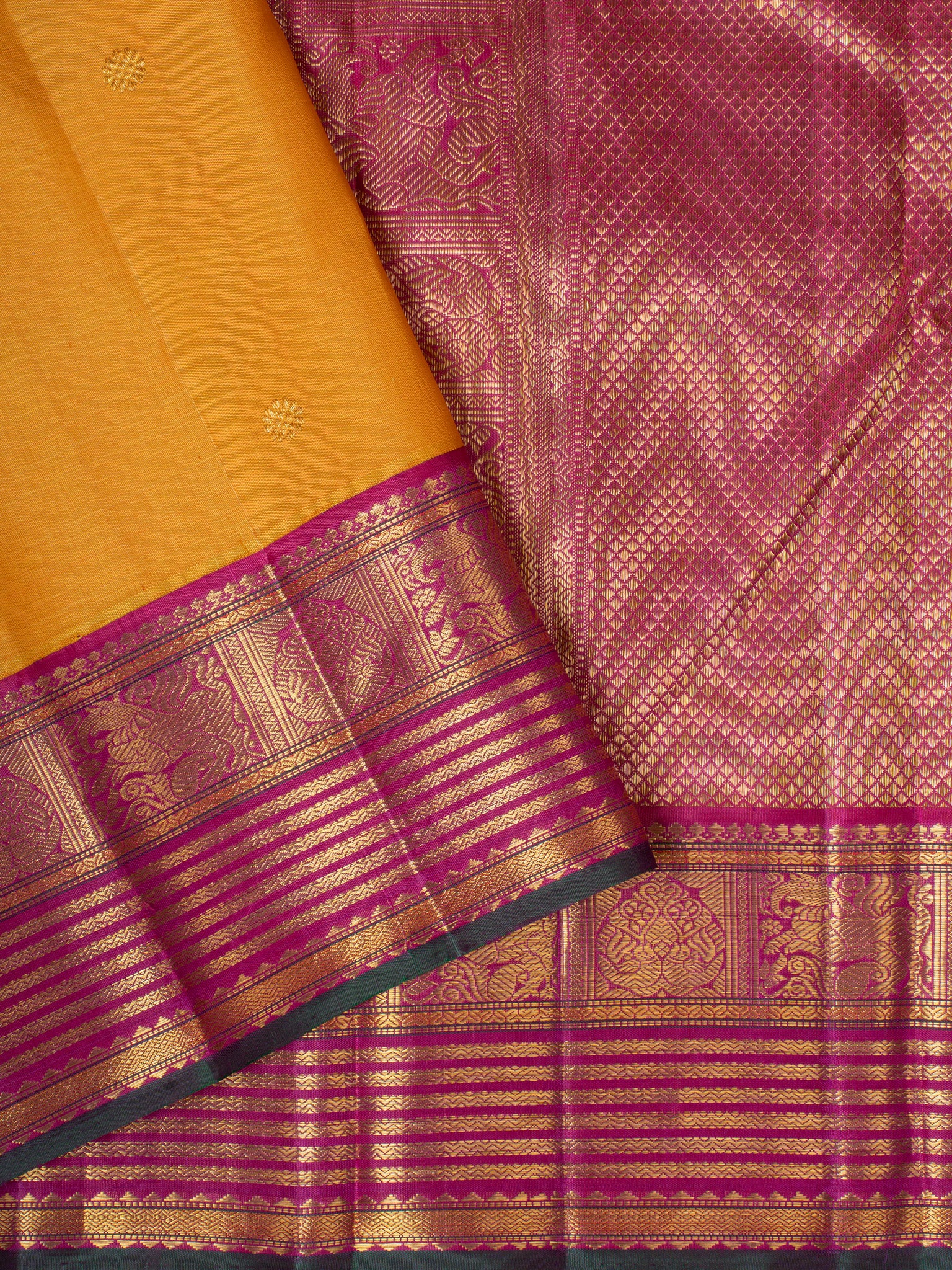 Yellow and magenta pure Kanchipuram silk saree