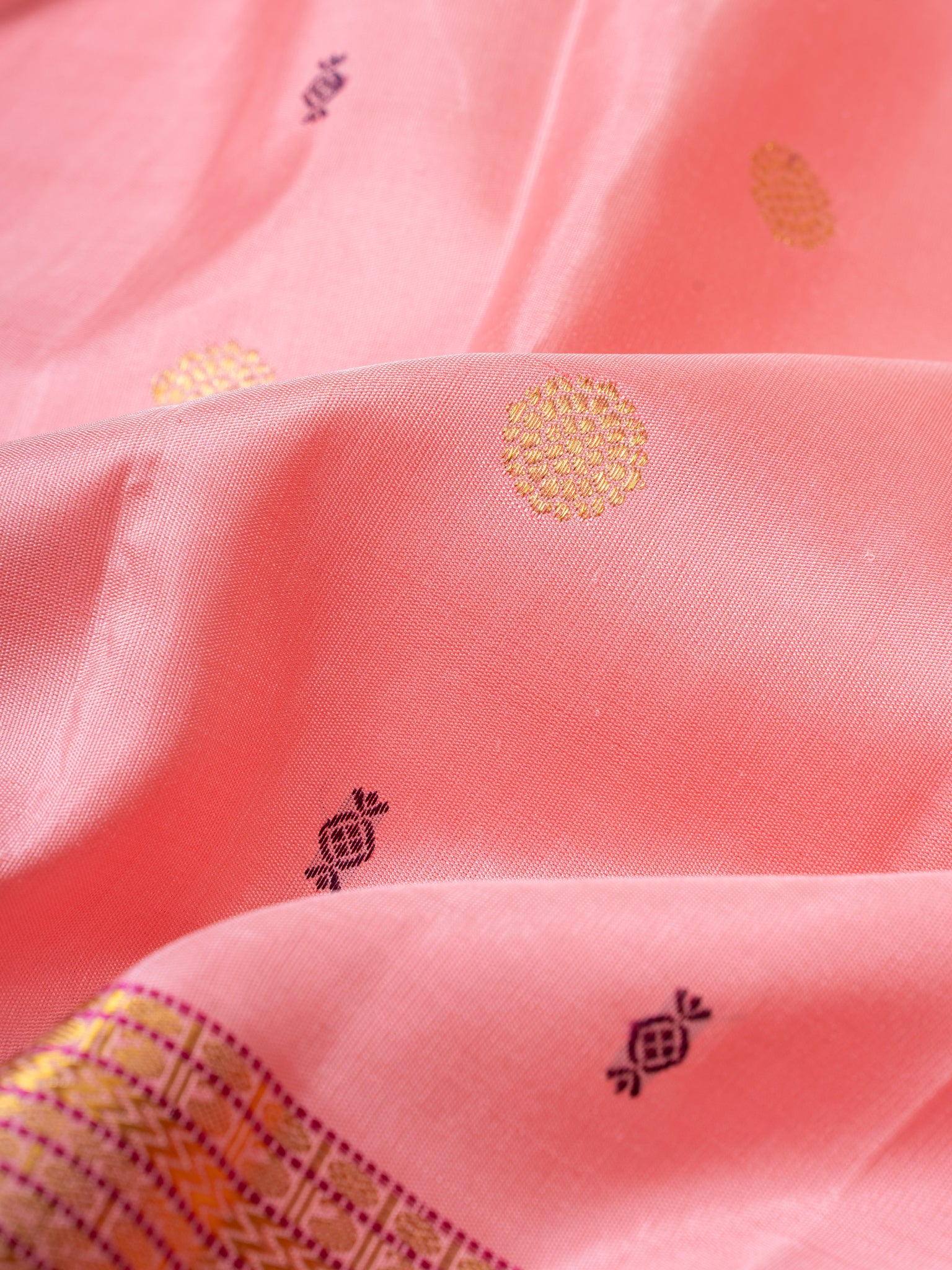 Peach pink and magenta pure Kanchipuram silk saree