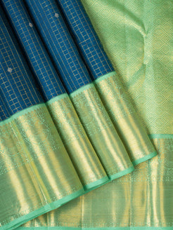 Peacock blue Zari checks pure Kanchipuram silk saree
