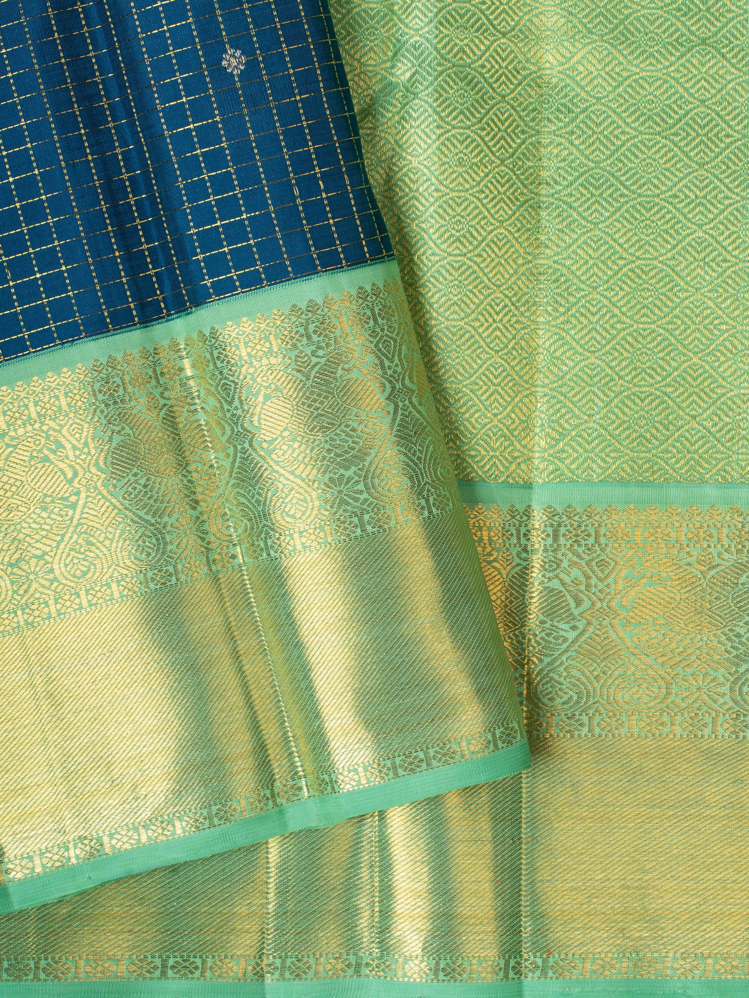 Peacock blue Zari checks pure Kanchipuram silk saree