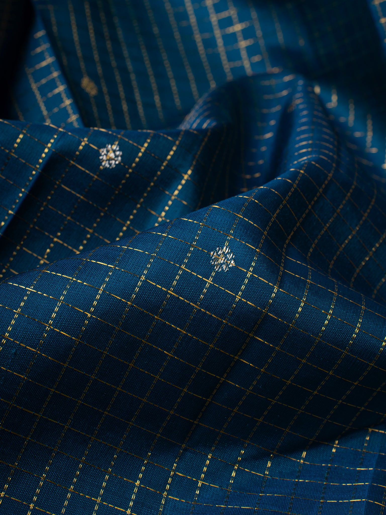 Peacock blue Zari checks pure Kanchipuram silk saree