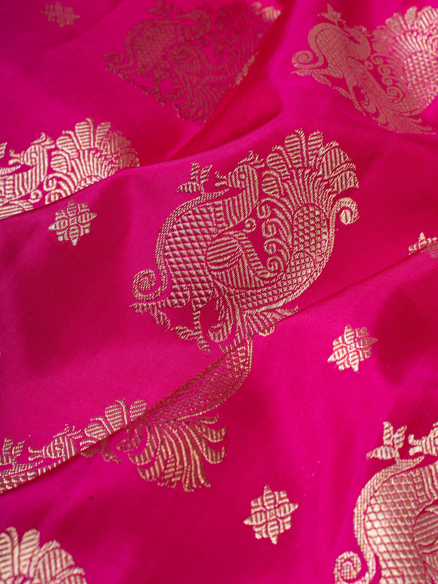 Peach pink peacock motifs pure Kanchipuram silk saree