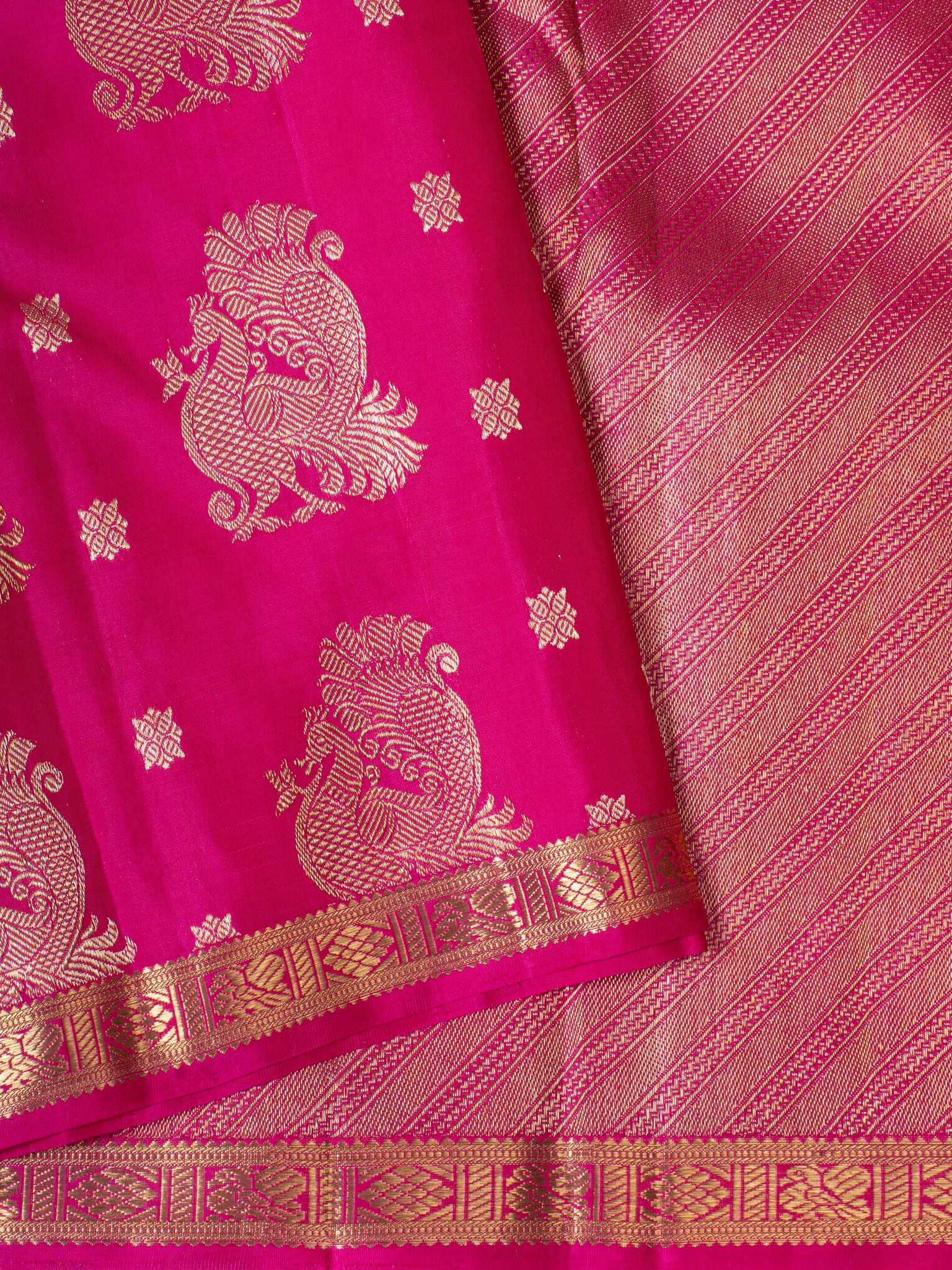 Peach pink peacock motifs pure Kanchipuram silk saree
