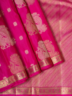 Peach pink peacock motifs pure Kanchipuram silk saree