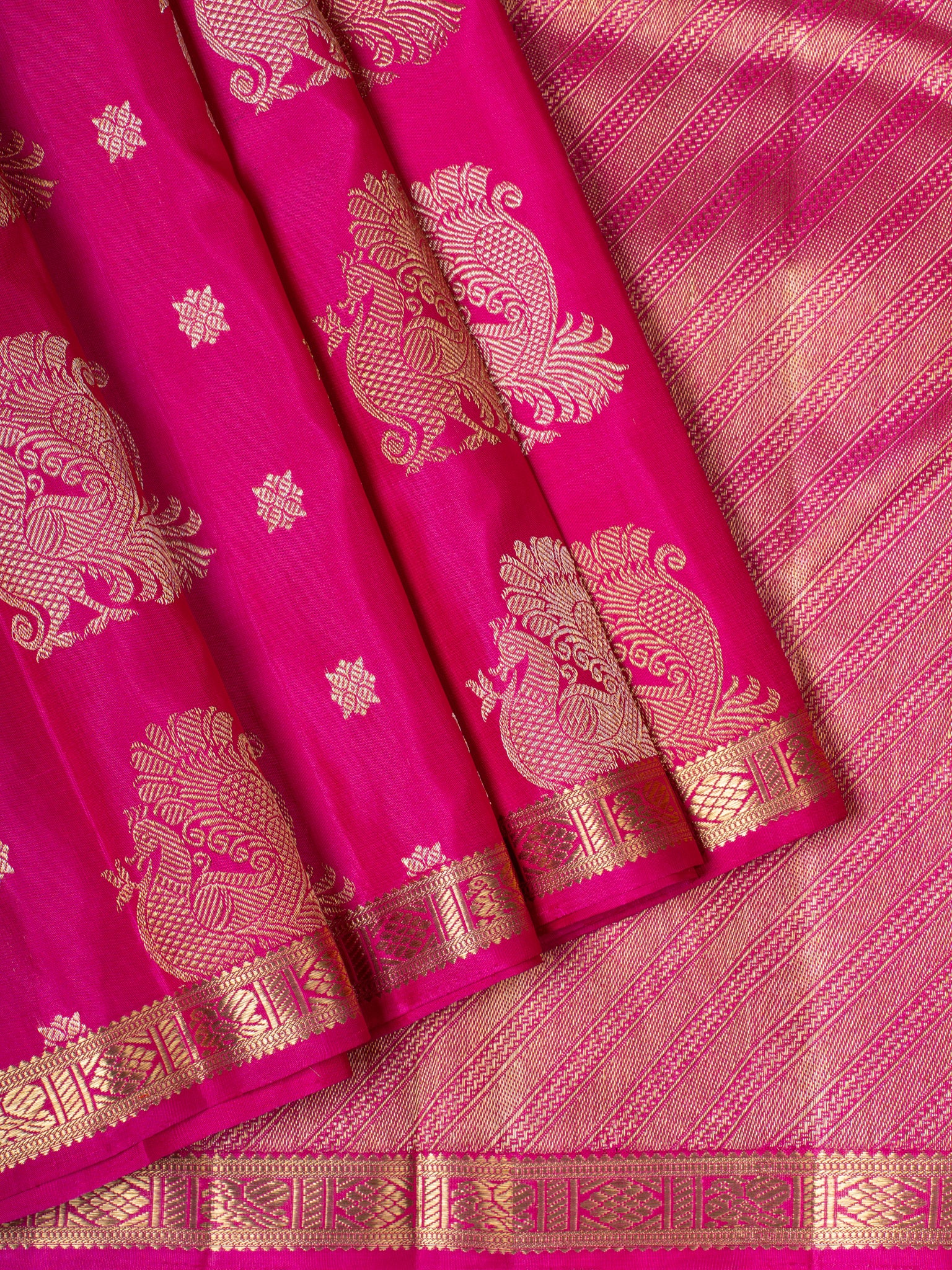Peach pink peacock motifs pure Kanchipuram silk saree