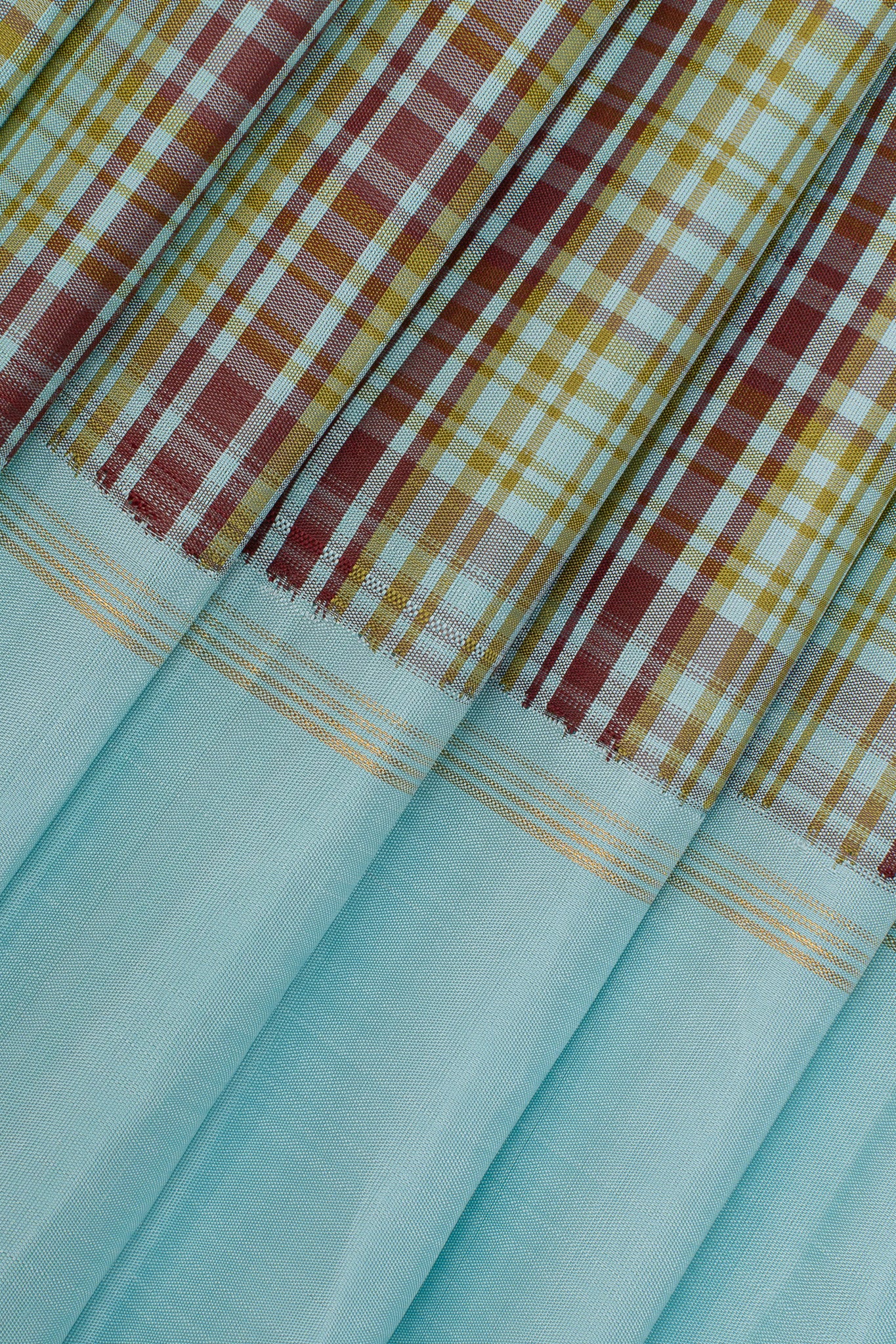 Sky blue brown multi checks pure kanchipuram silk saree