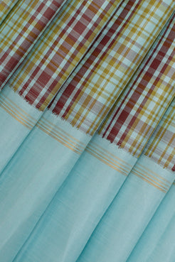Sky blue brown multi checks pure kanchipuram silk saree