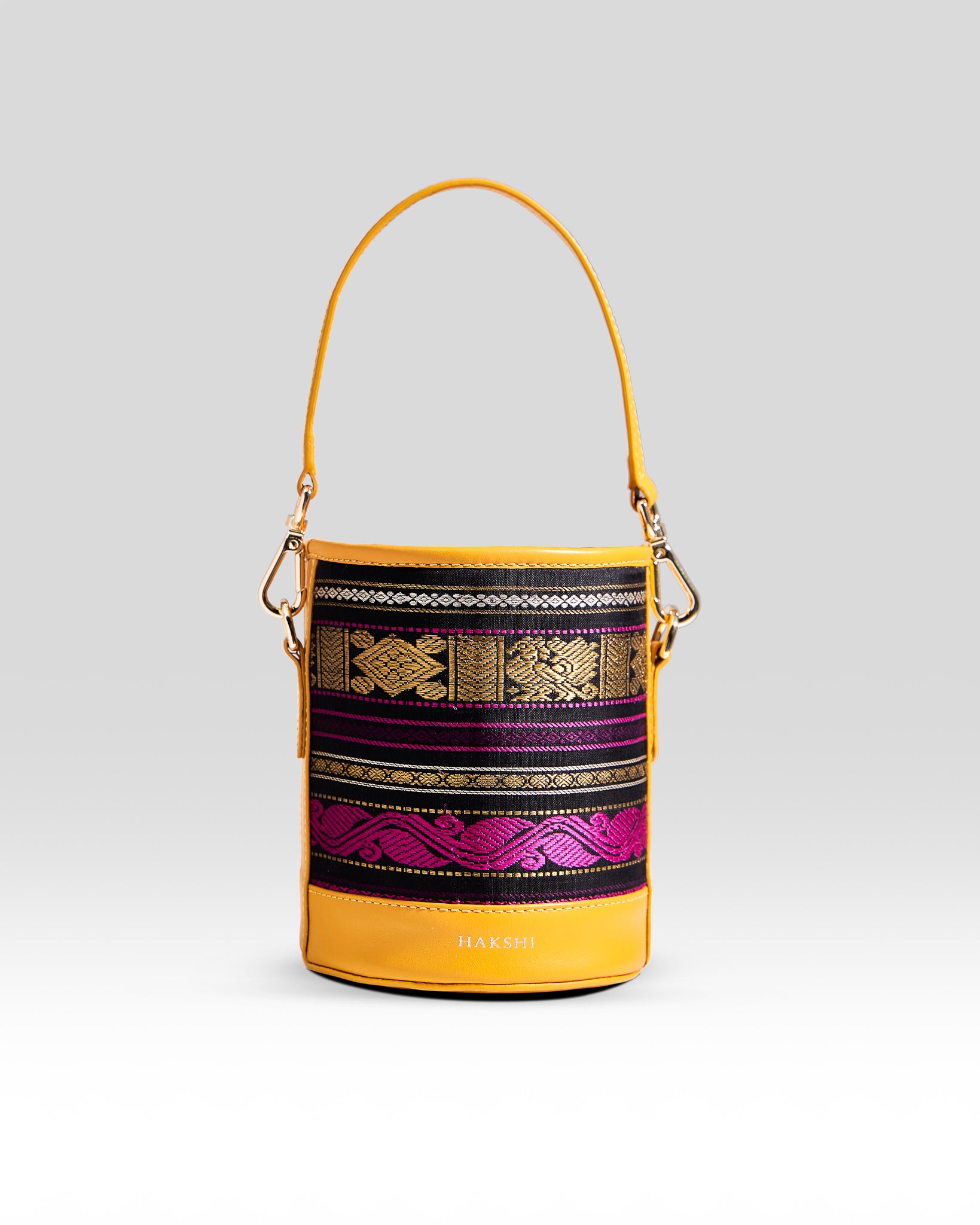 Adhya Pure Zari Bucket Bag Black & Yellow