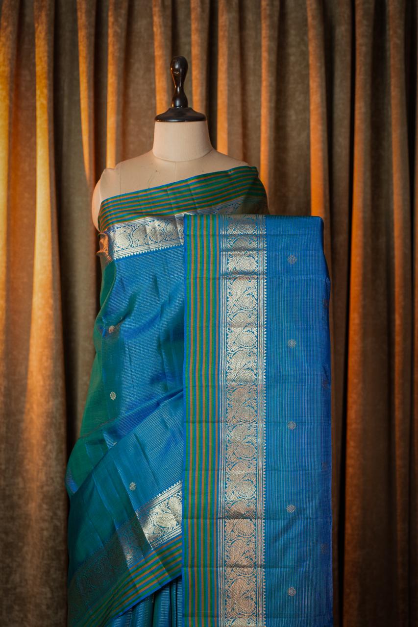 Peacock Blue Vairaoosi Pure Kanchipuram Silk Saree