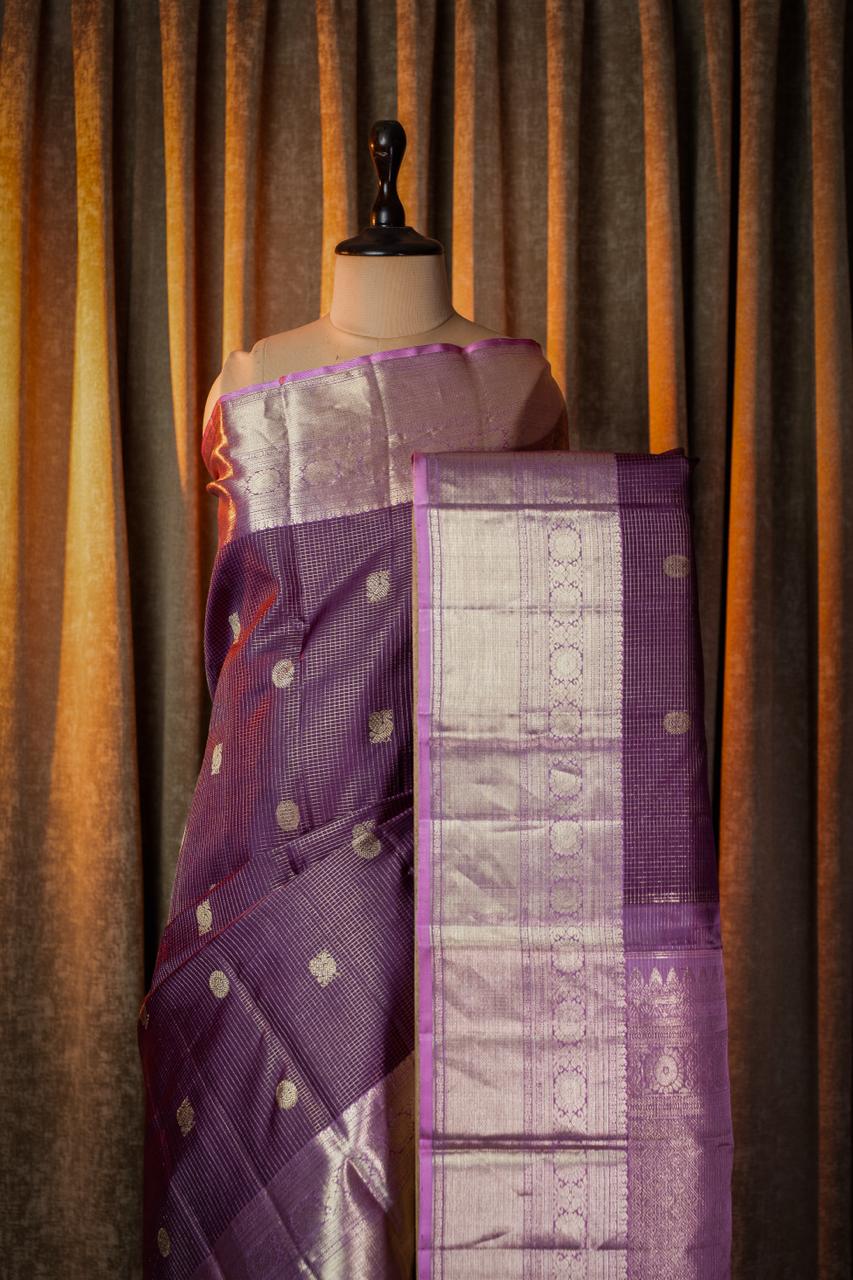 Sangria purple Zari checks pure kanchipuram silk saree